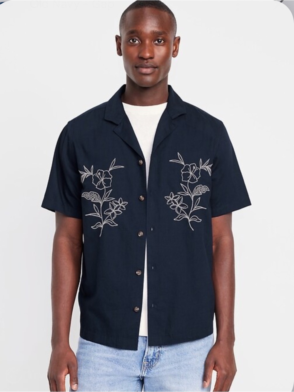 Navy Retro Paradise Island Embroidered Cotton Button Down Shirt
